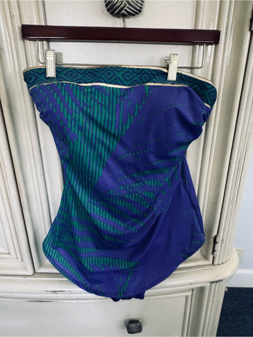 Gottex Strapless Blue & Green Patterned Swimwear with gold trim